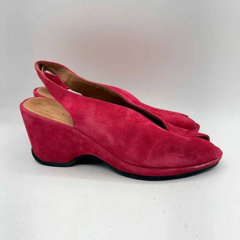 L'Amour Des Pieds Raspberry Pink Suede Wedge Sandals Peep Toe Slingback 8.5M‎